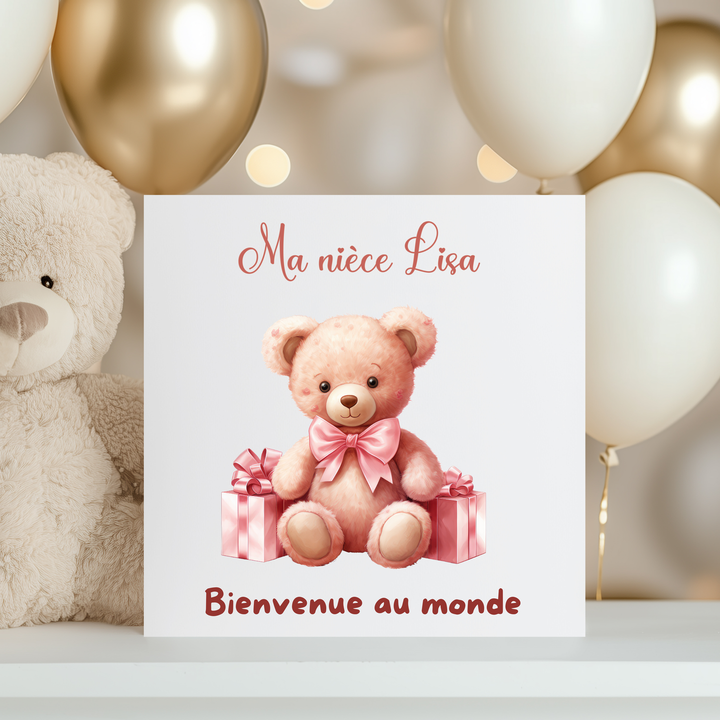 Carte de vœux personnalisée - Ourson Rose
