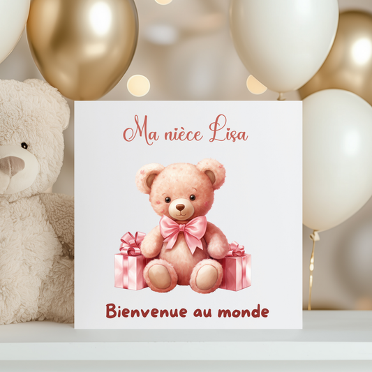 Carte de vœux personnalisée - Ourson Rose