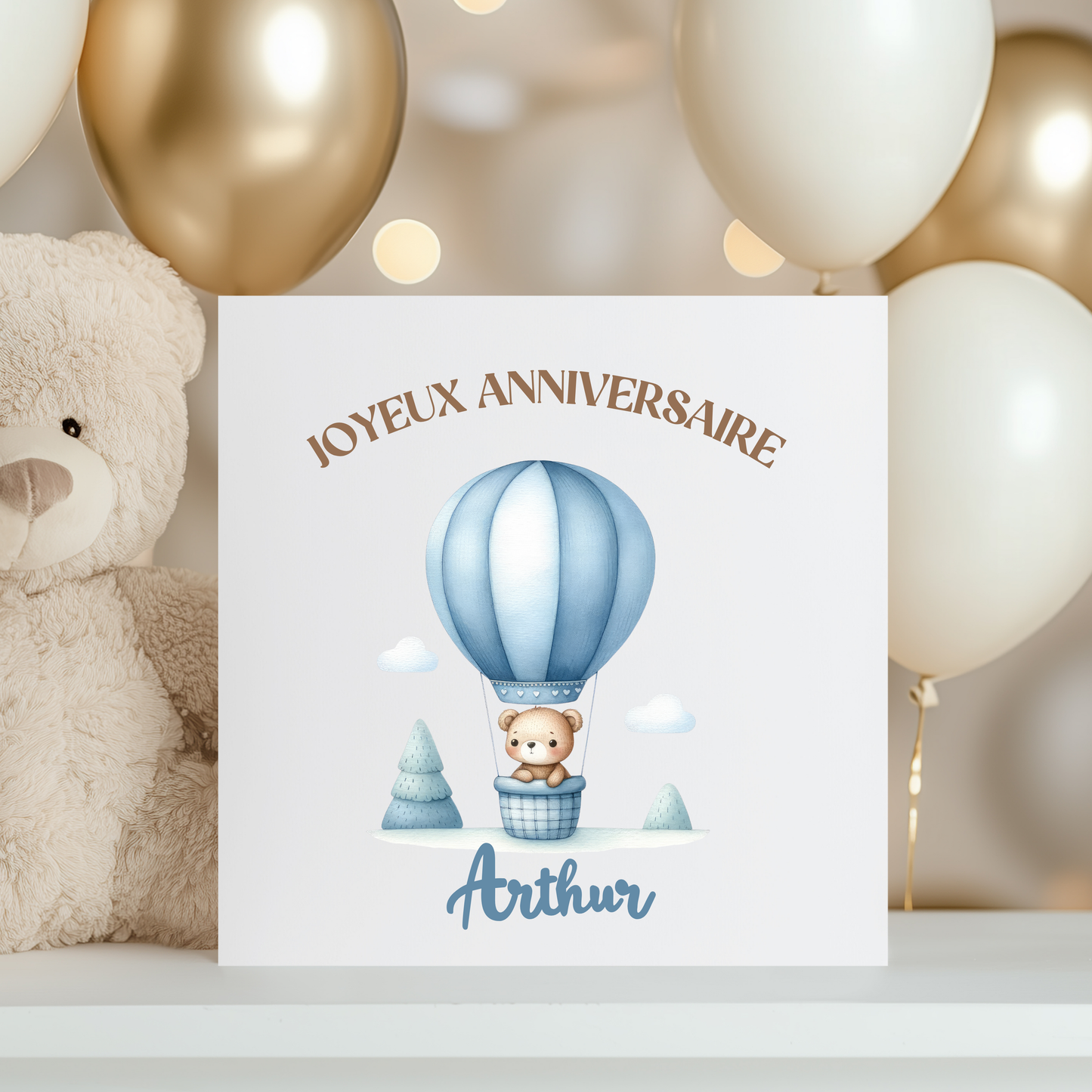 Carte de vœux personnalisée - Ourson et montgolfière bleue