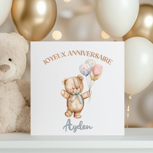 Carte de vœux personnalisée - Ourson et ballons colorés