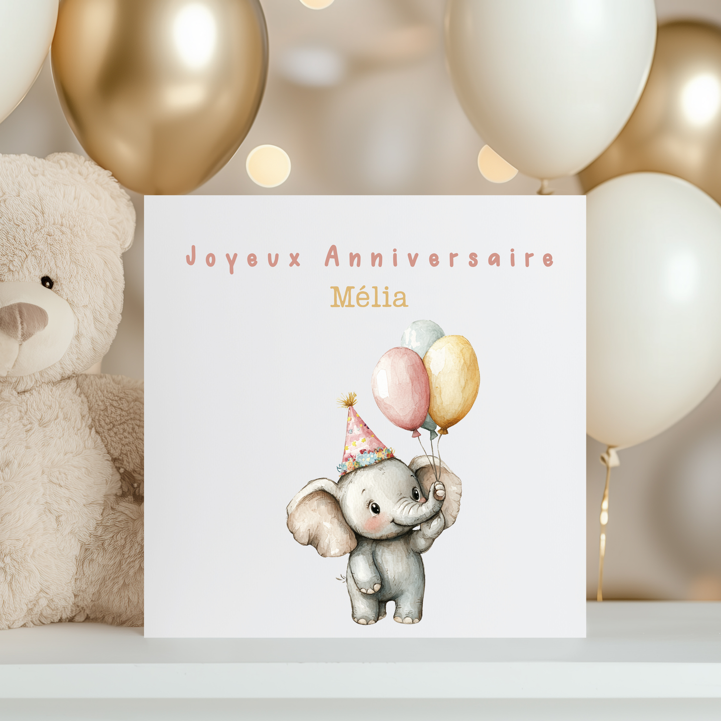 Carte de vœux personnalisée - Eléphant et ballons