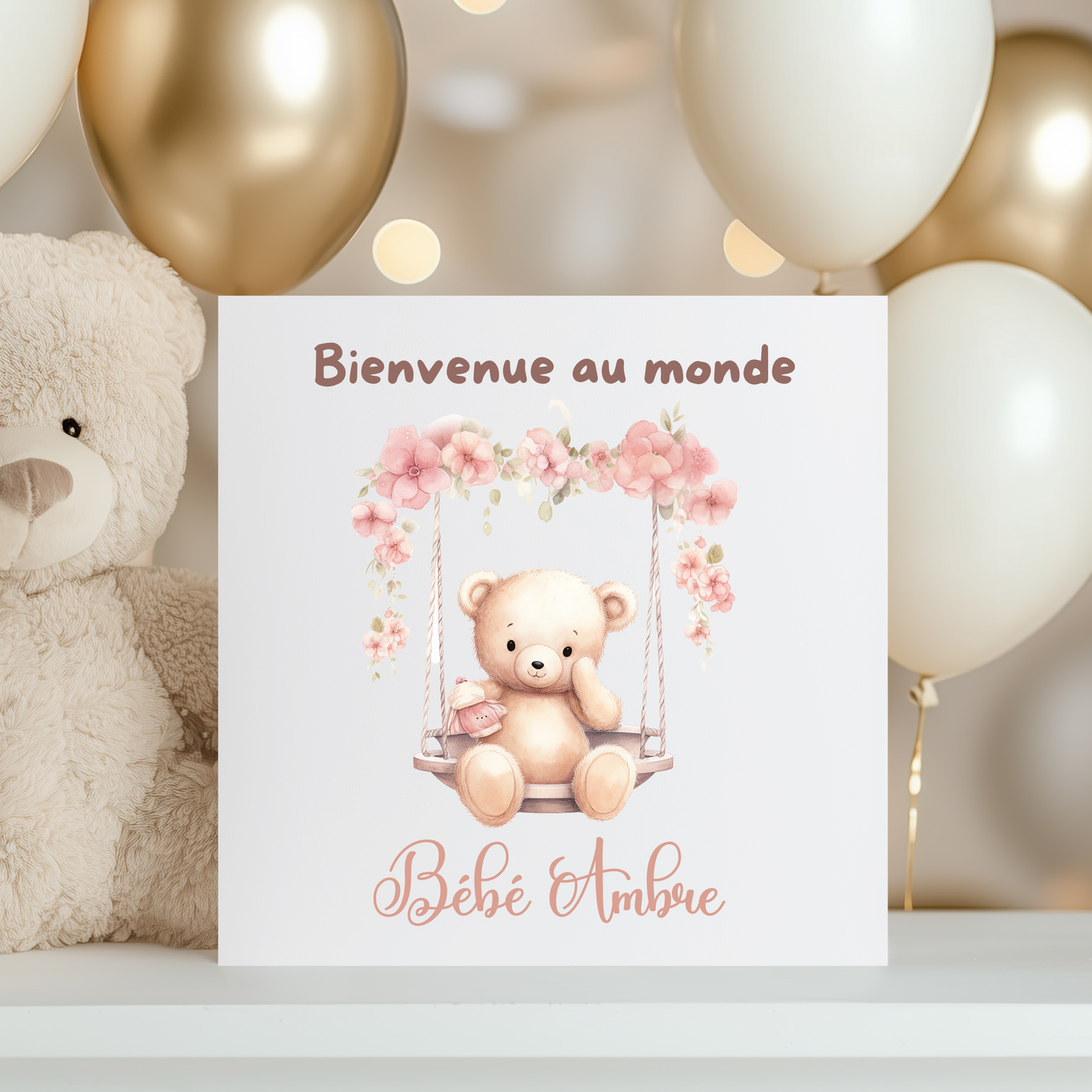 Carte de vœux personnalisée - Ourson et balançoire
