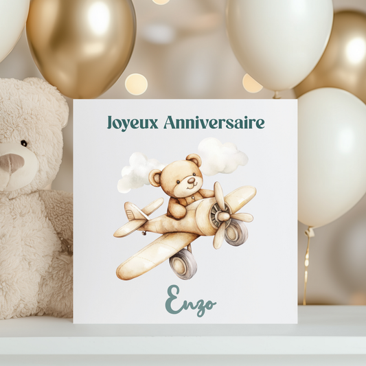 Carte de vœux personnalisée - Ourson et avion