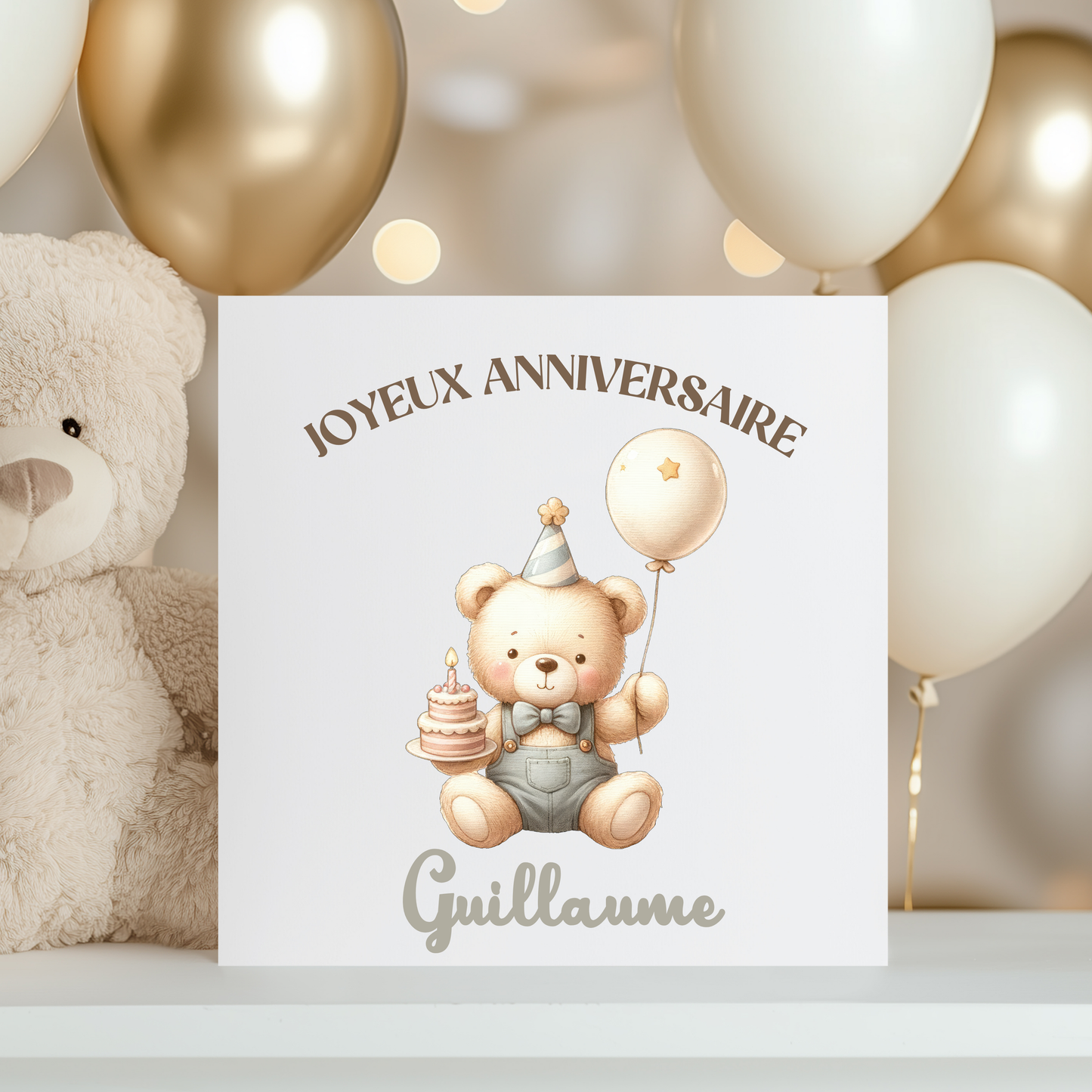 Carte de vœux personnalisée - Ourson et gâteau d'anniversaire