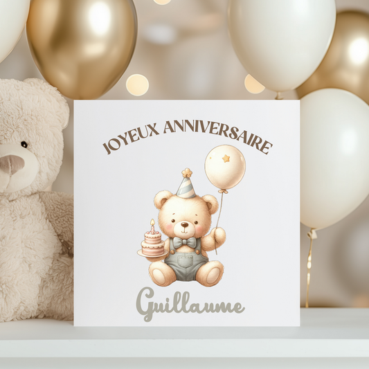 Carte de vœux personnalisée - Ourson et gâteau d'anniversaire