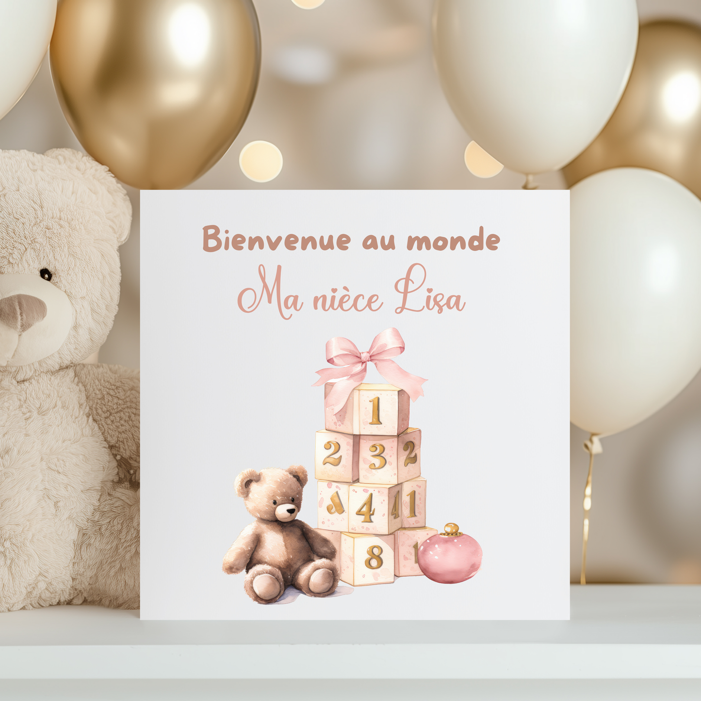 Carte de vœux personnalisée - Nounours Rose