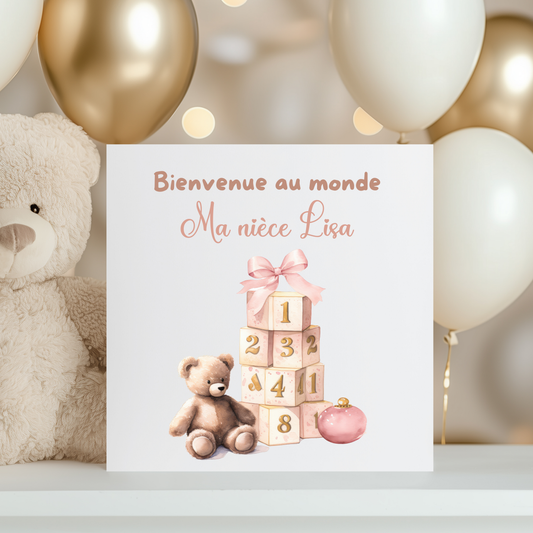 Carte de vœux personnalisée - Nounours Rose