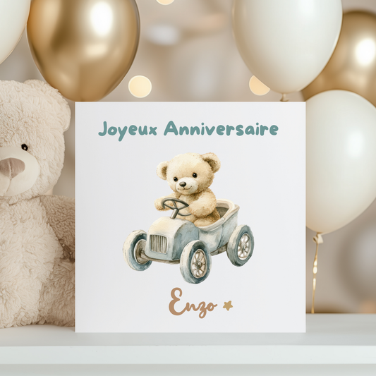 Carte de vœux personnalisée - Ourson et voiture