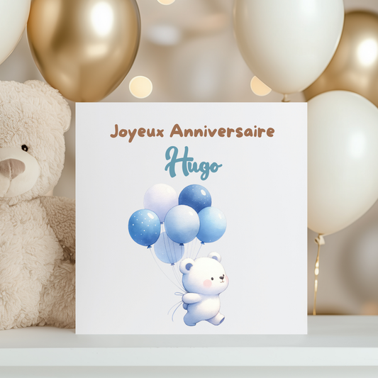 Carte de vœux personnalisée - Ourson blanc et ballons bleus