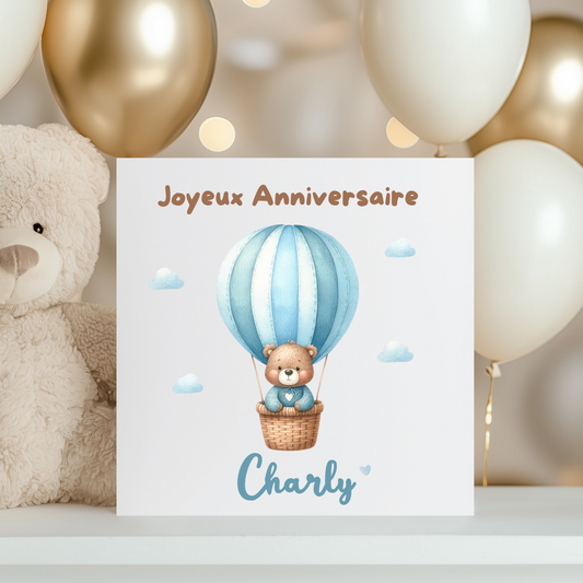Carte de vœux personnalisée - Ourson et montgolfière