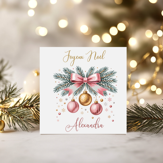 Carte de vœux de Noël personnalisée -Branche et Nœud rose