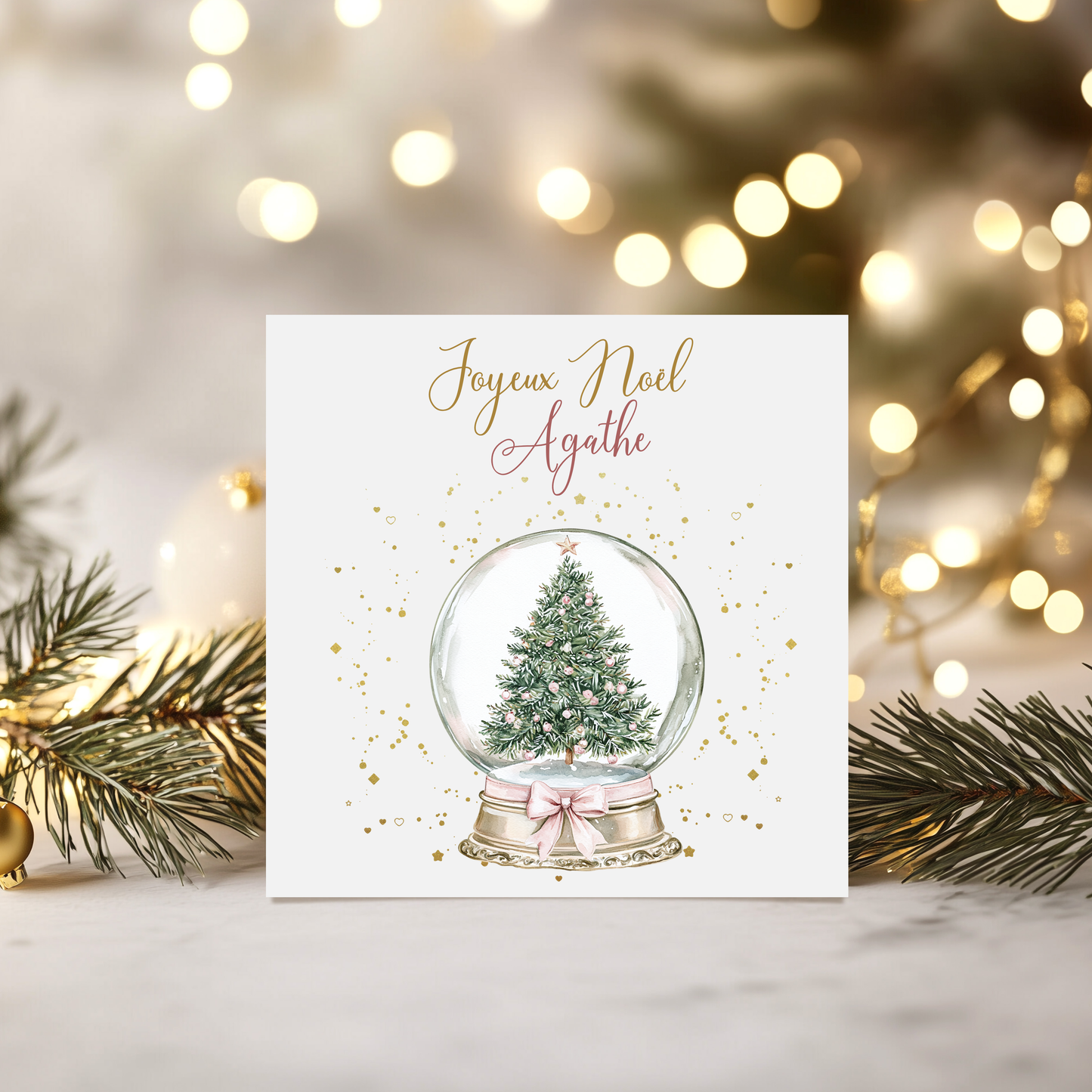 Carte de vœux de Noël personnalisée - Boule de neige sapin