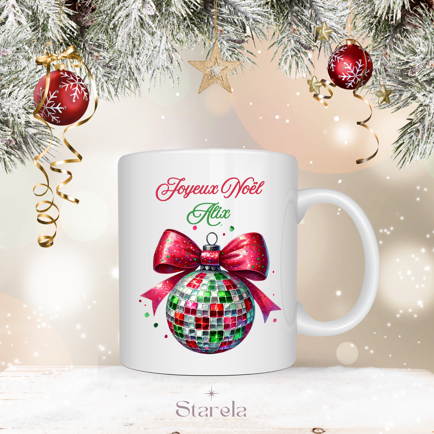 Mug Noël personnalisable - Boule à facettes rouge