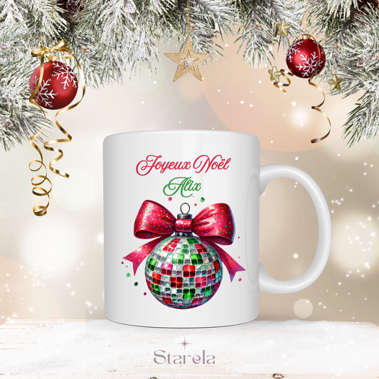 Mug Noël personnalisable - Boule à facettes rouge