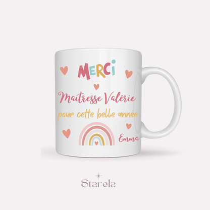 Mug Maîtresse / Atsem/ Aesh / Nounou personnalisable - Arc en ciel Rose