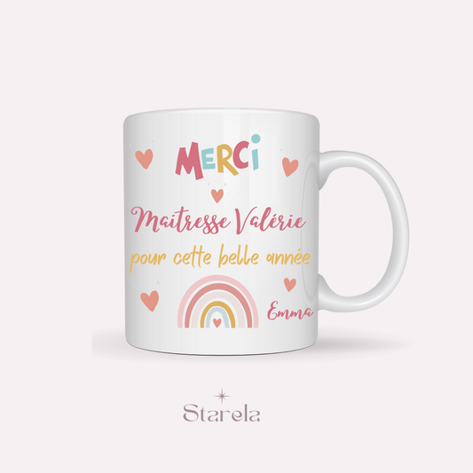 Mug Maîtresse / Atsem/ Aesh / Nounou personnalisable - Arc en ciel Rose