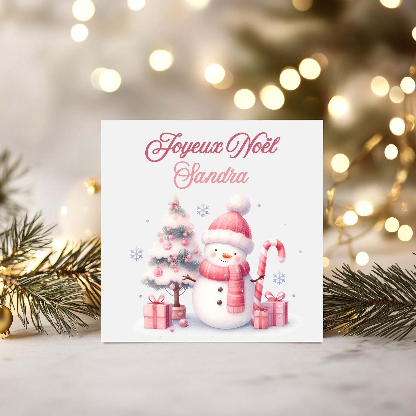 Carte de vœux de Noël personnalisée - Bonhomme de neige et sapin