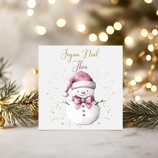 Carte de vœux de Noël personnalisée -Bonhomme de neige rose