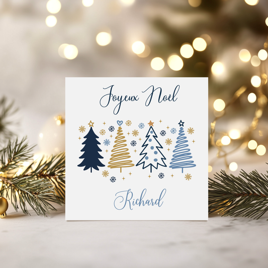Cartes de vœux de Noël personnalisée - 4 sapins bleus