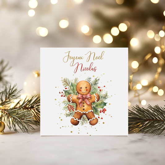 Carte de vœux de Noël personnalisée -Bonhomme pain d'épices branches